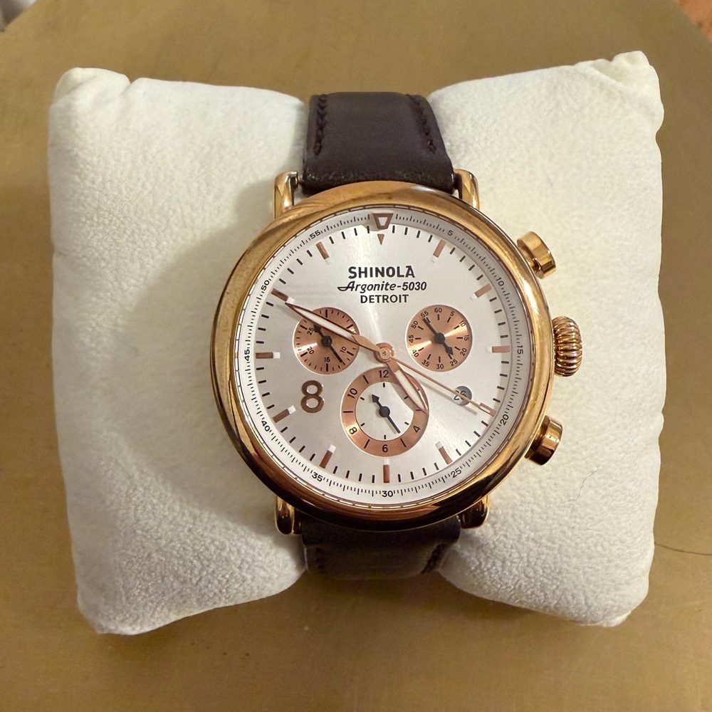 Shinola Rose Gold-Tone Chronograph Watch with Dark Brown Leather Strap 41mm